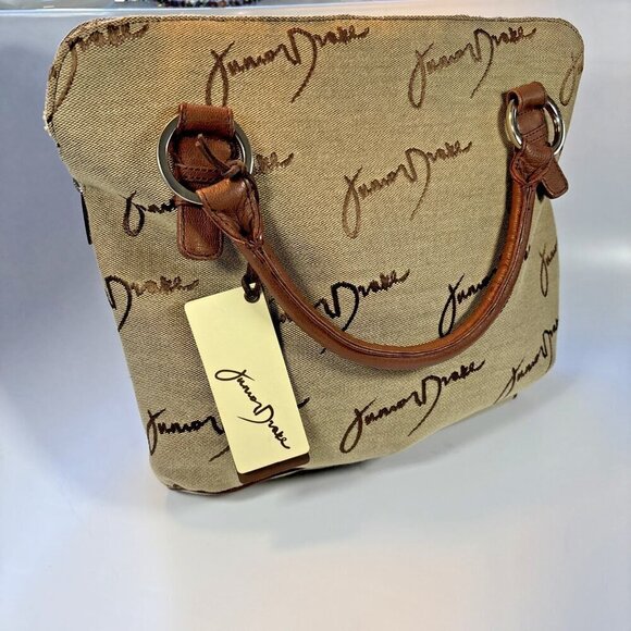 JUNIOR DRAKE Beige Signature Canvas Carry On Tote Handbag With Brown Handle NWT - Picture 3 of 13